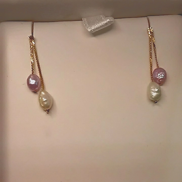 14K Gold Genuine Multicolor Pearl Dangling Earrings - Picture 1 of 5
